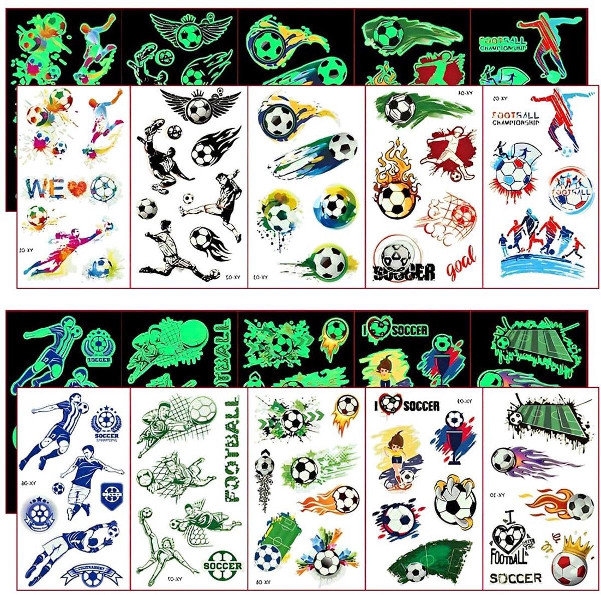 Dailygoods- Lichtgevende Tatoeages - 10 Vellen - Voetbal Tatoeages - Cadeau voor Kinderen - Schoolzakvulling - Coole Dingen voor Jongens - Dubbele Visuele Ervaring