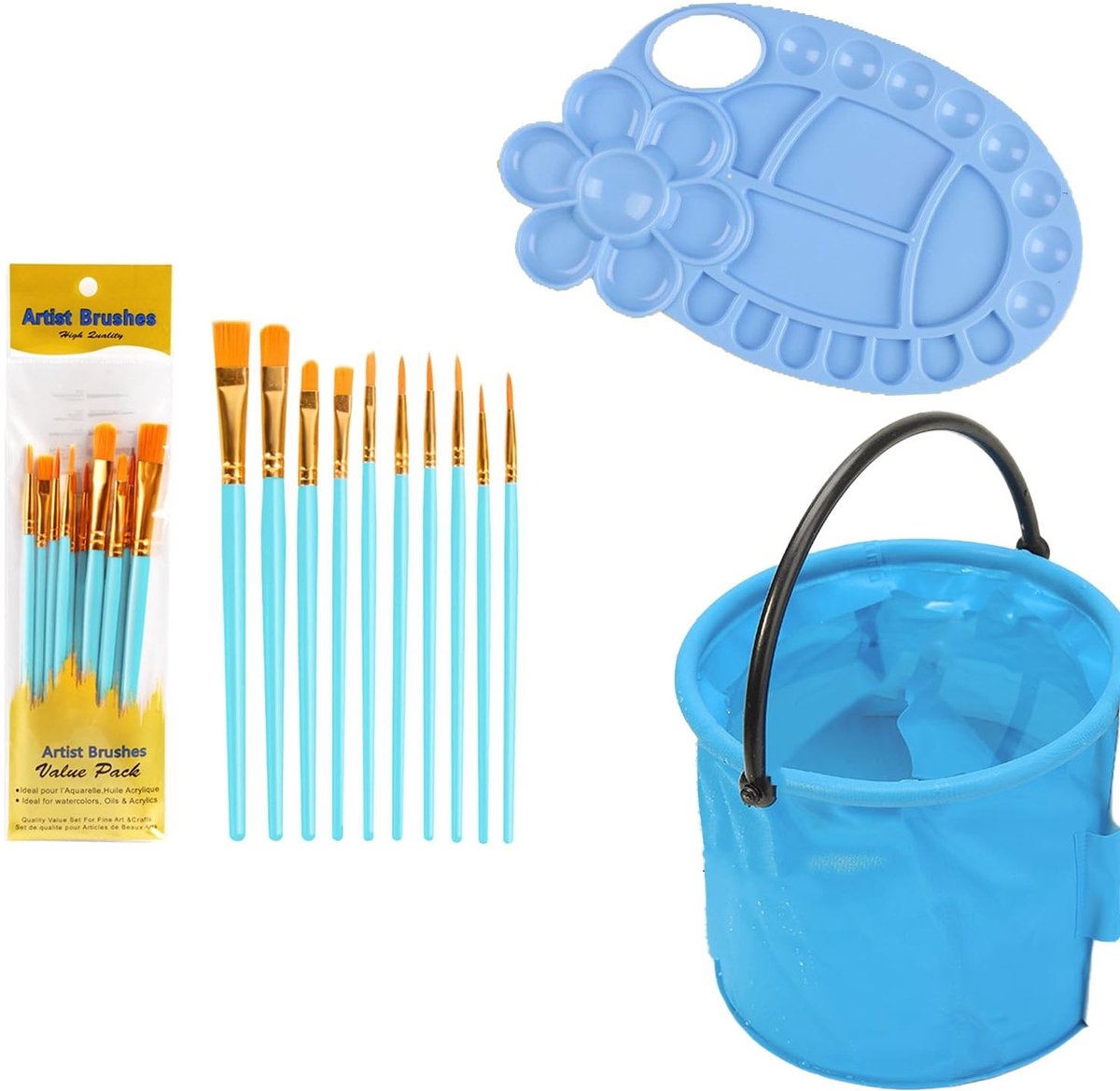 Dailygoods- Mengpalet met opvouwbaar waterreservoir - 2 stuks - 20 penselen - Acrylverf - Waterverf - Ideaal voor school en atelier - Verfpalet