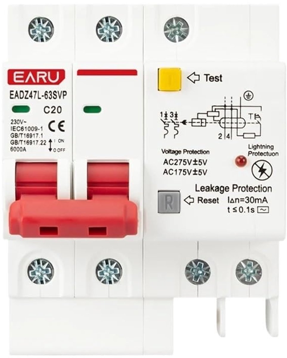 Stroomonderbreker - Aardlekschakelaar - Elektrische Beveiliging - Overspanningsbeveiliging - 2P 230V - Grijs