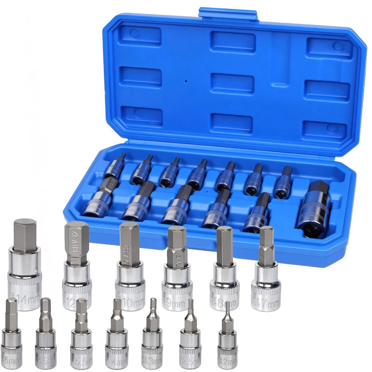 Dailygoods- Dopsleutelset 13-delig - Zeskant/Binnenzeskant - Chroom-molybdeen-staal - Slagvast - Corrosiebestendig - Professionele kwaliteit - Moerset