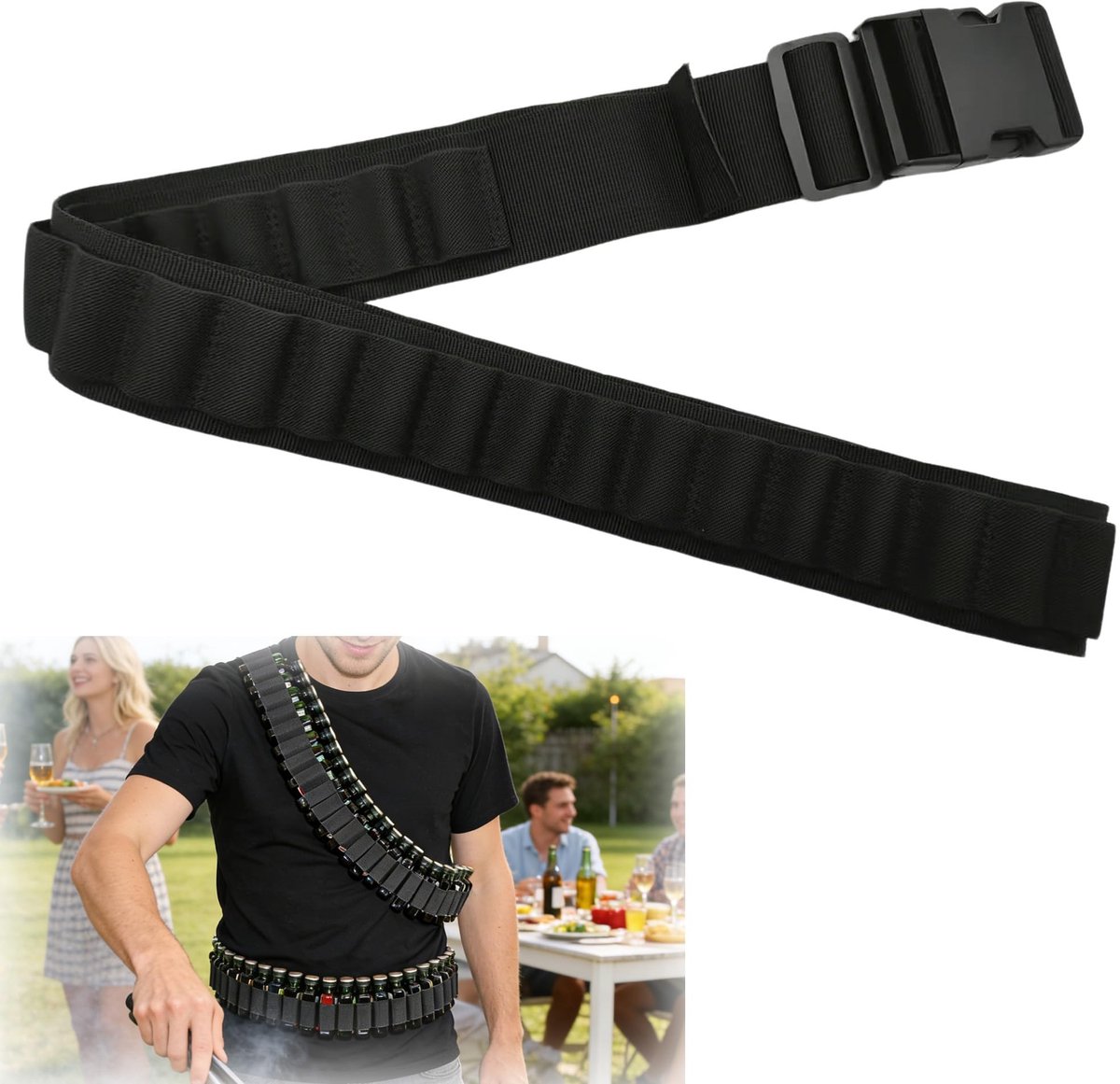 Dailygoods- Borrelgordel verstelbaar 50 sleuven - Flessendrager - Bierhouder - Outdoor accessoires - Versterkte gespen - Maat 148-168 cm - Drankgordel