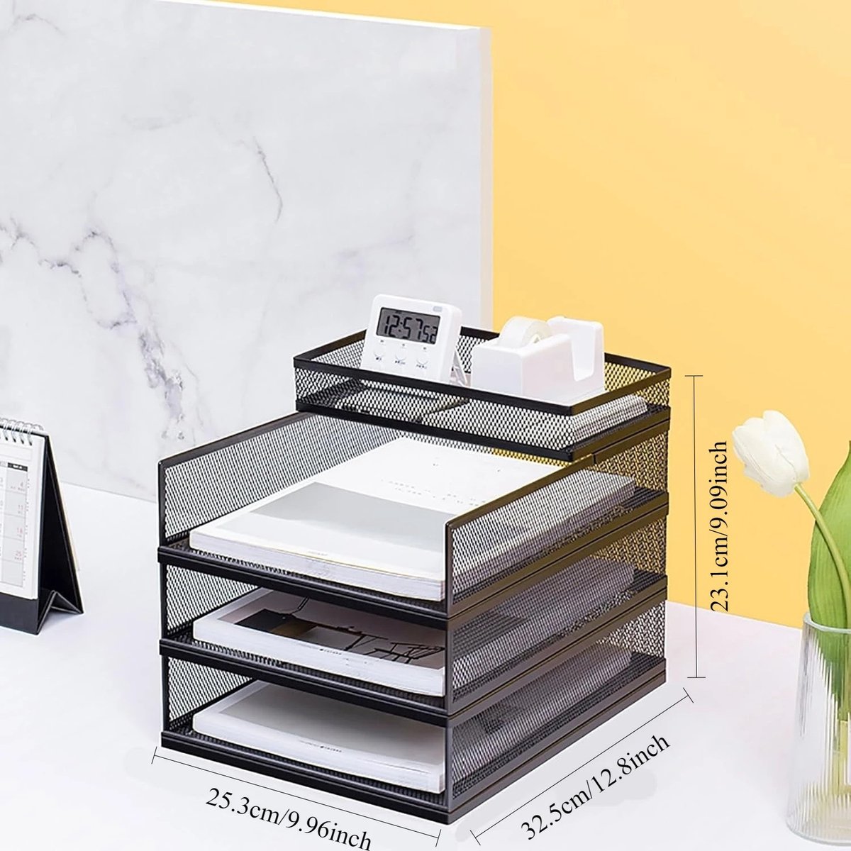 Dailygoods 4-laags stapelbare brievenbak, metalen bureau-organizer voor papier met penhouder, multifunctionele desktop-d