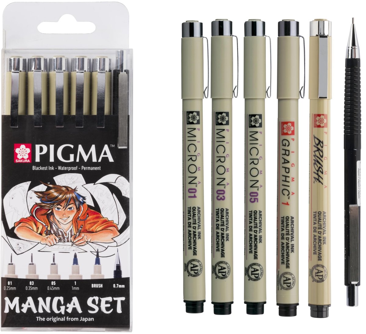 Dailygoods - Pigma Manga Set van 6 in Zwart - Fineliners en Brush Pen voor Illustraties
