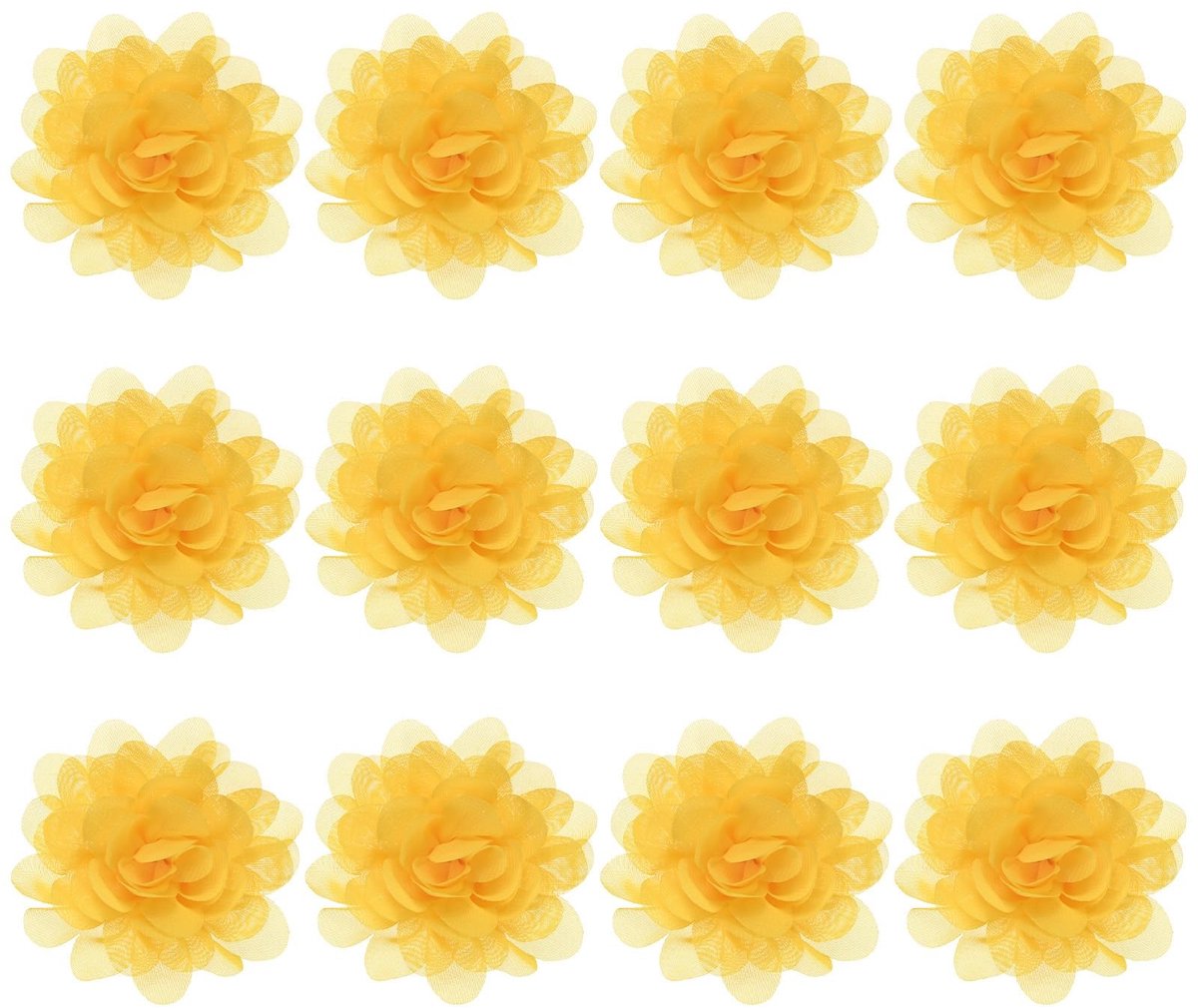 Dailygoods - M METERXITY Set van 12 chiffon bloemen 7 x 7 cm mesh stof bloemen volledige chiffon bloemen haarclips bloem voor huisdecoratie/bruiloft/hoofdbanden/doe-het-zelf/feest/tuin [geel]