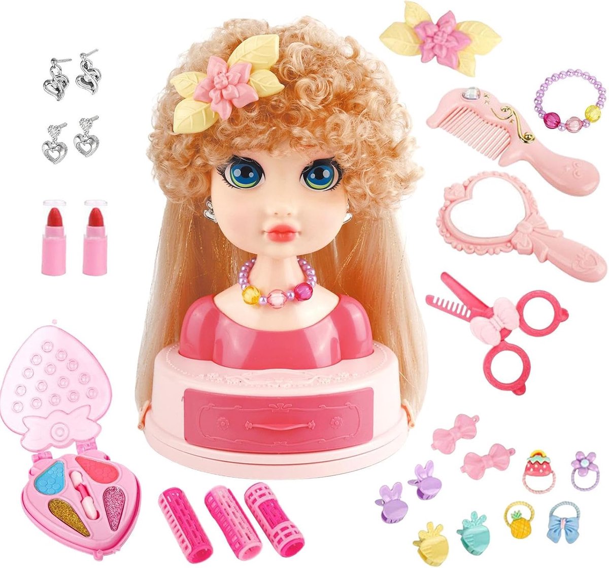 Poppenhoofd voor Haarstylen - Oefenhoofd Kinderen - Kapsels Oefenen - Inclusief 26 Accessoires - 19.8 cm Hoogte - Meerdere Kleuren