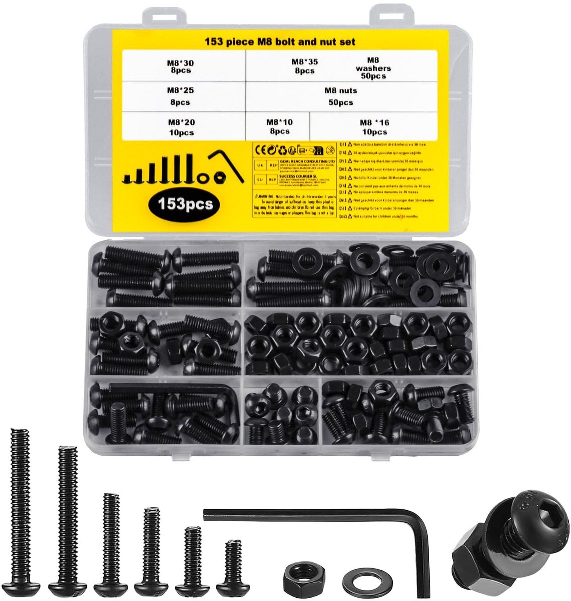 Dailygoods- Schroeven Set 153 STK - Linzenkopschroeven - Zwarte Kopschroeven - Machineschroeven - Moeren met Sleutel - Basis Plakjes - Schroefset