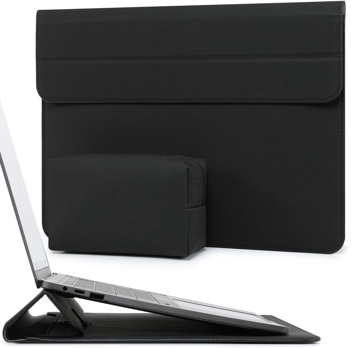 Dailygoods - HYZUO 15 Inch Laptop Hoes Sleeve met Standaard Functie voor MacBook Air 15 M4 M3 M2 2025-2023, 15" Surface Laptop 7-3, MacBook Pro 15 2019-2016, Laptopsleeve met Zakje, Zwart
