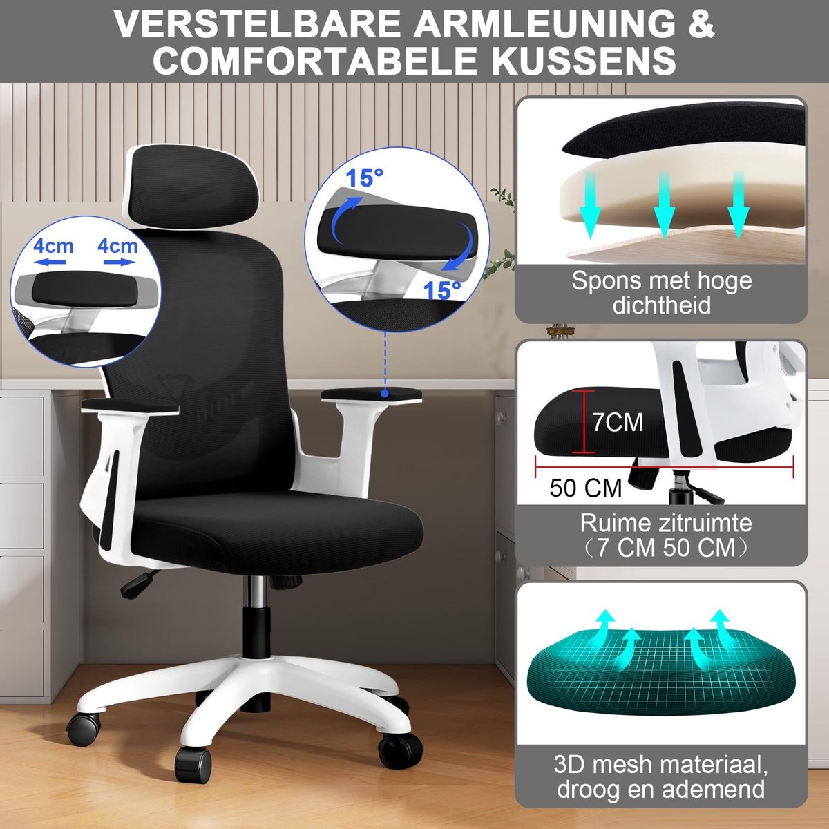 Dailygoods- Bureaustoel Ergonomisch - Verstelbare Armsteun - Lendensteun - Hoofdsteun - Ademend Mesh - Voor Thuiswerk - Werkstoel – foto 2