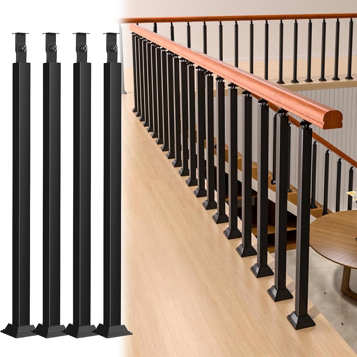 Metalen Trapleuning Balusters - Vierkante Spindels - Veilige Trappen - Verstelbare Beugel - 4 Stuks - Zwart