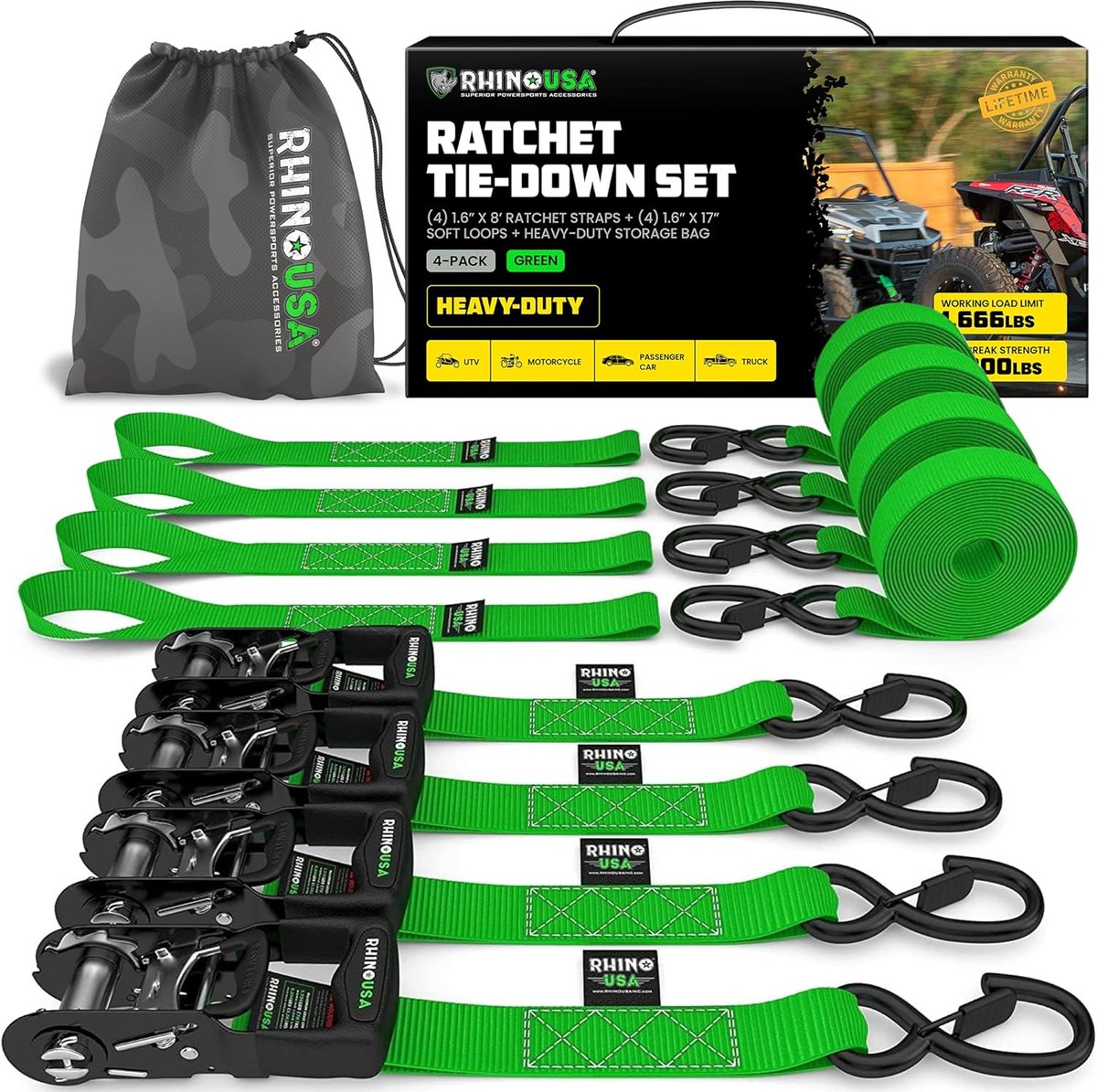 Spanbanden Set - Ratelbanden Bevestiging - Lading Zekeren - Hoge Breeksterkte - 4x 2.4m - Groen