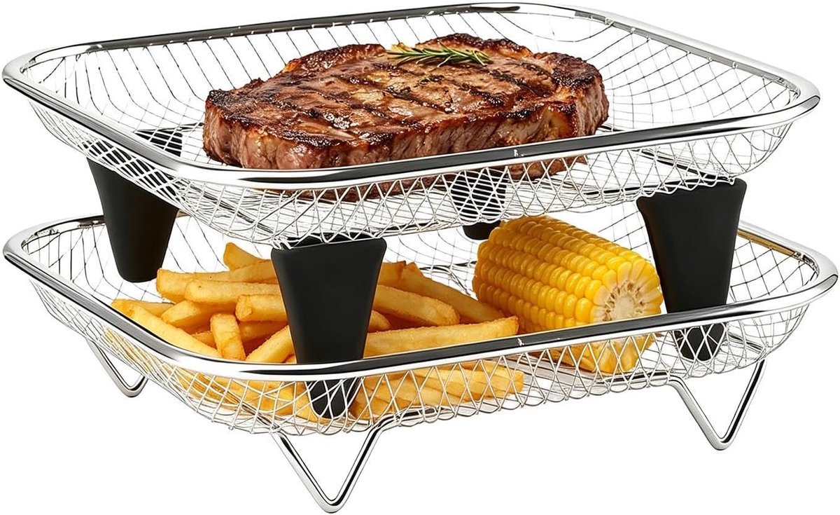 Airfryer Rek Stapelbaar Plank Sneller Koken Roestvrij Staal 18x18 cm Zilver