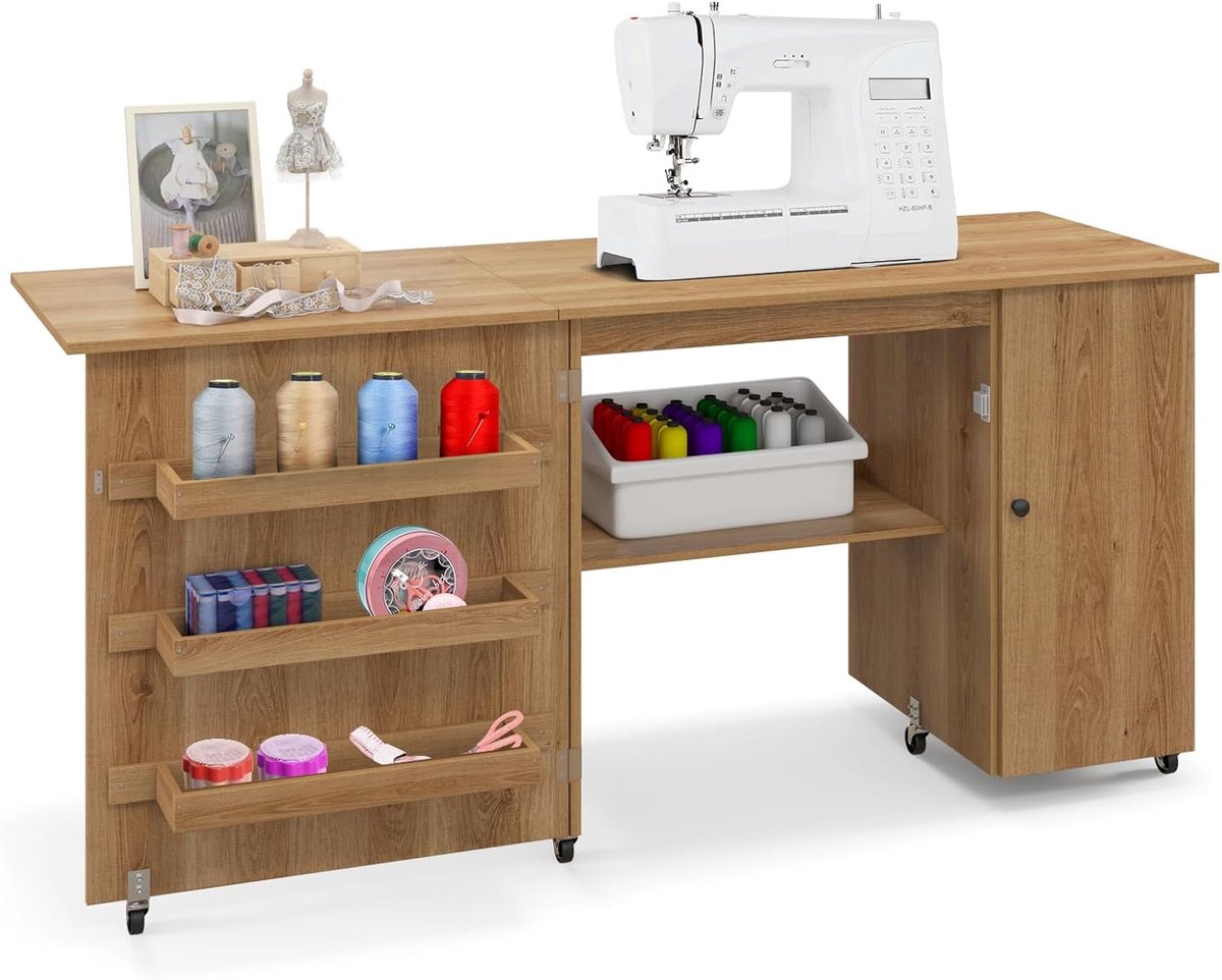 Zetkast met Wielen - Naaikast Hobbytafel - Naaien en Knutselen - Inklapbaar Ontwerp - 118.5 x 40 x 79.5 cm