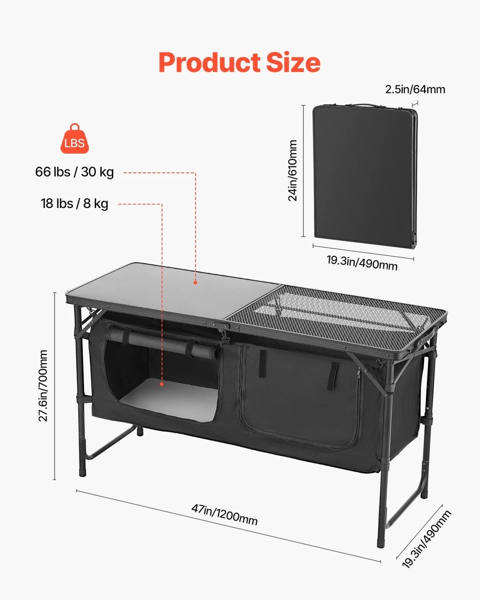Lamor Campingkeukentafel - Campingtafel - Camping - BBQ - Barbeque - Barbequetafel - Hittebestendig - 120x49x70 cm - 6,6 kg