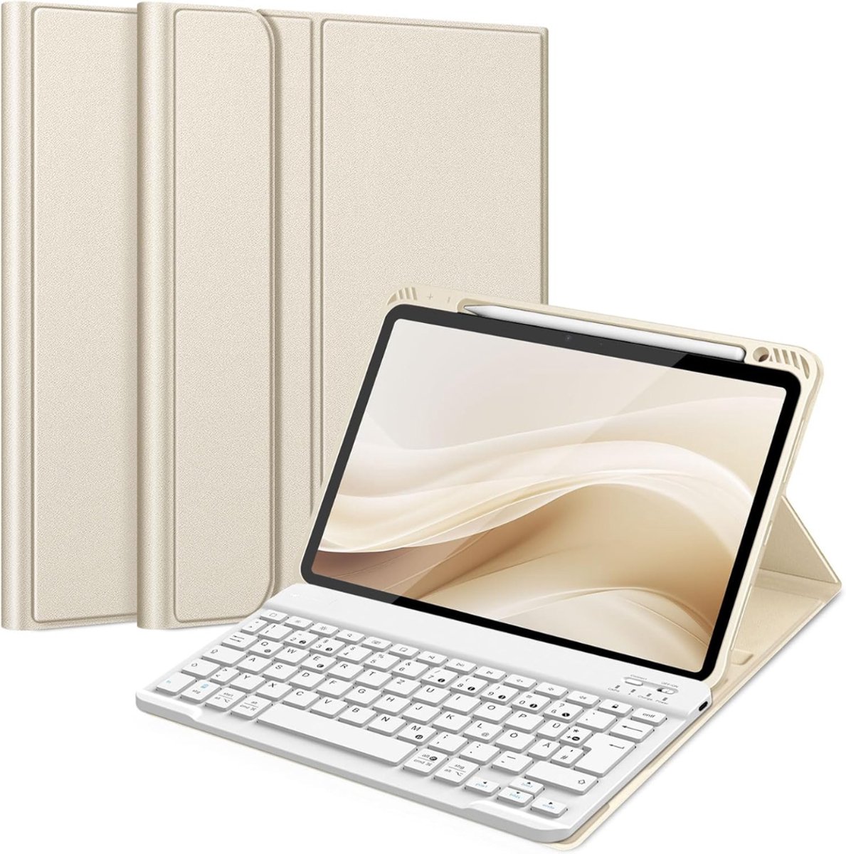 Lìon® Ipad Hoes met Toetsenbord - Toetsenbordhoes voor Ipad Air - Beschermhoes met Penhouder - Beige - 3cm x 13cm x 20cm