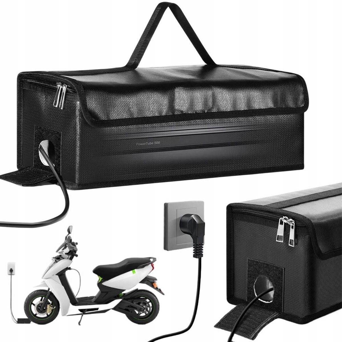 Accutas Ebike Brandveilig - Hittebestendig Accutas - Elektrische Fiets Accu Tas - Oplaadtas voor Accu’s - met Kabeldoorvoer - 50x15x17 cm - 1250°C - Veilig - Waterdicht - Voor E-bike Accu's - Zwart