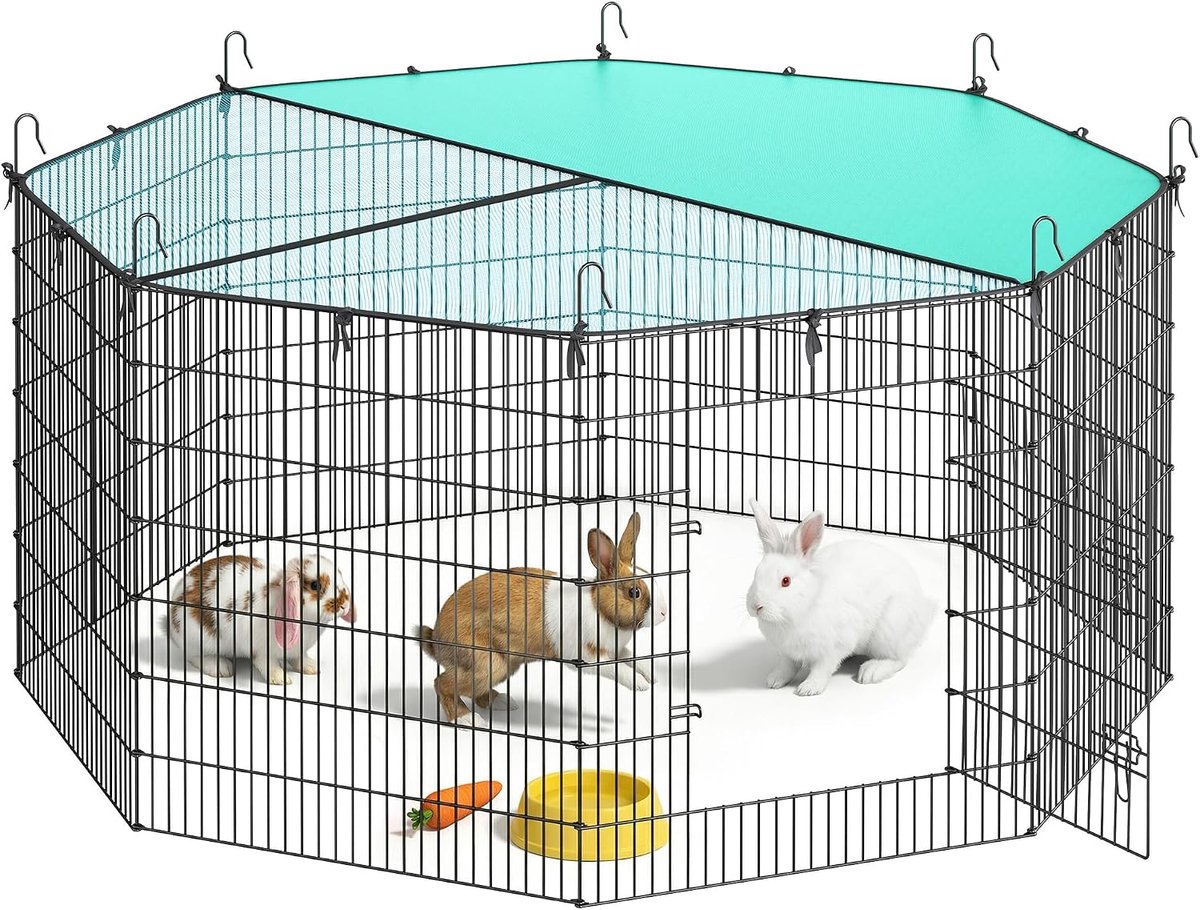 Verblijf voor kleine dieren, omheining met dak, ademend, zonwering, voor konijnen, cavia's, 8 panelen, 175 x 175 x 80 cm, inktzwart LPI021BH01