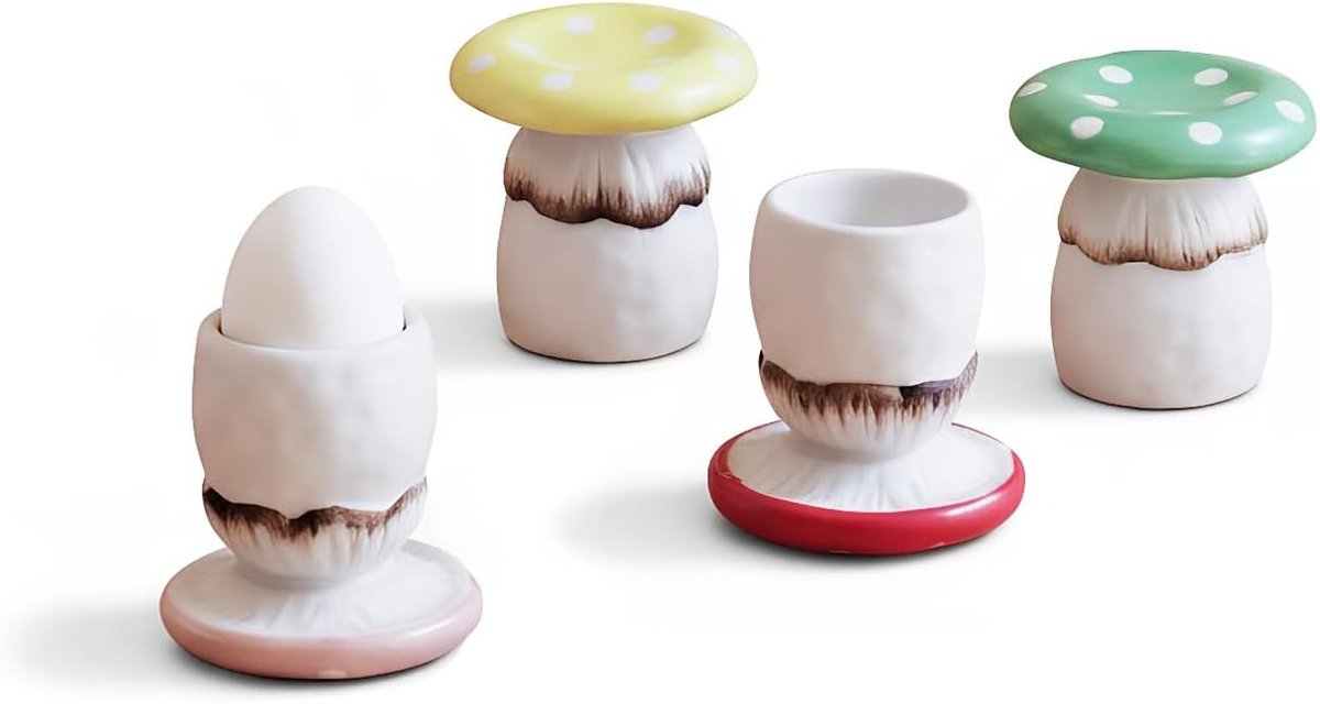 paddenstoel eierbeker, mini taartstandaard voor eiertaarten of snacks. Set van 4, handgemaakte glazuur keramiek zacht gekookt ei houder, ontbijt keuken koken (4 kleuren)
