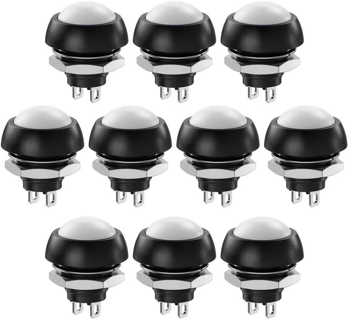 10 stuks 12mm Waterdichte Momentane Drukknop SPST AAN/UIT 3A/3V-5V-9V-12V-24V-230VAC, Mini Ronde Knop voor Auto, pc, Tafellamp, Deurbel (Wit)