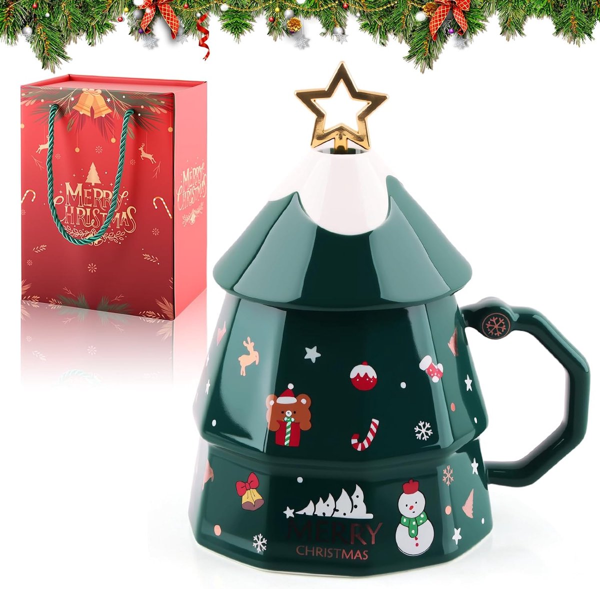 Mokken voor Kerstmis, kerstdeksel, keramische kerstbekerset, kerstbeker met deksel en lepel, kerstmokset, kerstcadeau (B)