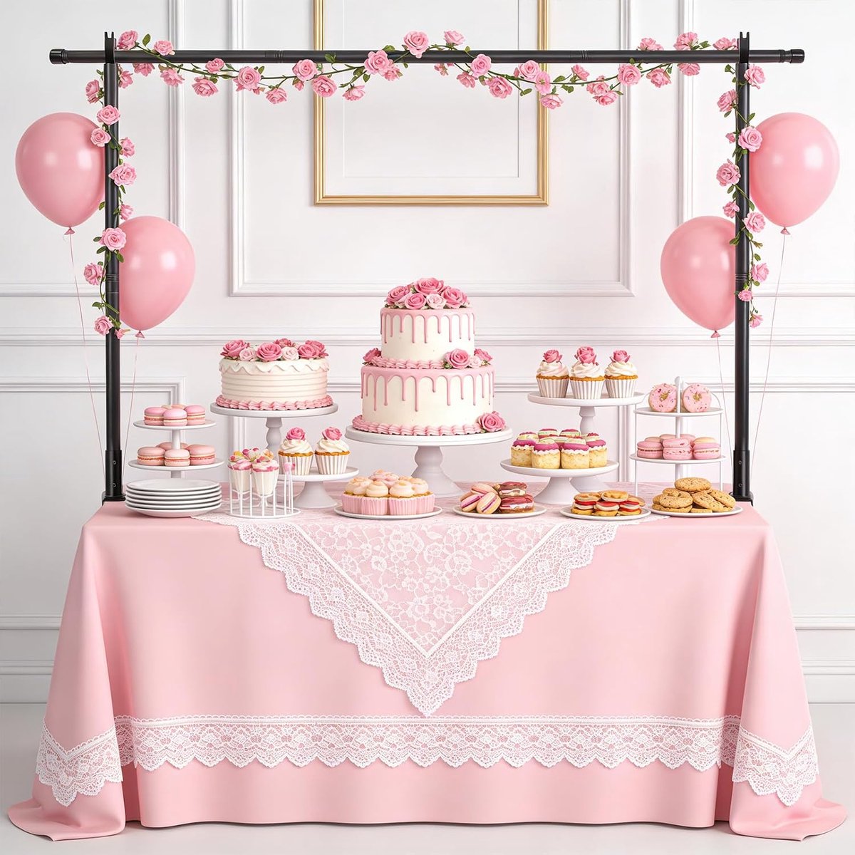 Over de tafelstangstandaard met klemmen, verstelbare hoogte 40-150 cm en lengte 75-209 cm, zwart metalen boogdisplaystandaard voor tafelachtergronden, slinger, ballondisplay, feestdecoratie