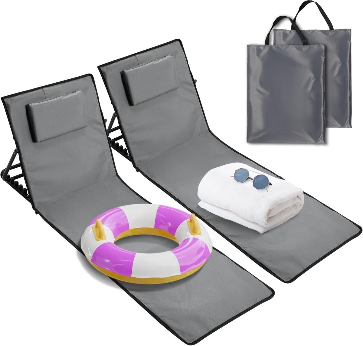 strandmat, strandmat, strandstoel met handtas, opbergvakken, ingebouwd kussen met 5 snelheden, slijtvast weefsel (145 cm, donkergrijs, twee)