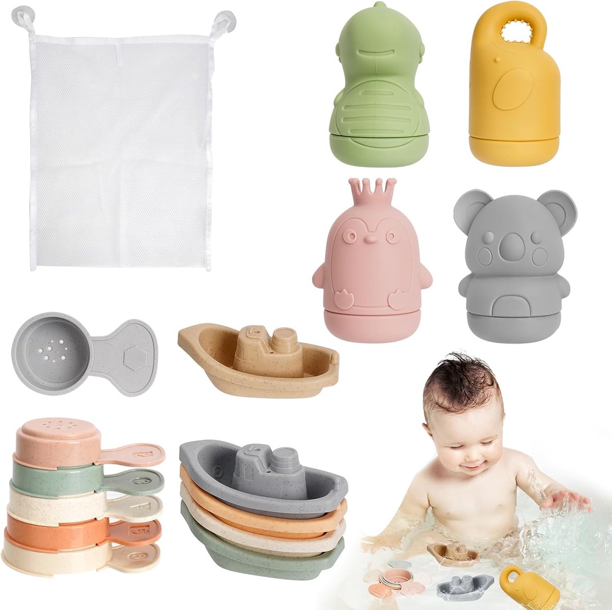 Badspeelgoed, 15 stuks badspeelgoed vanaf 1 jaar, siliconen, waterspeelgoed voor kinderen, met spuitdieren, boten, badlepels, cadeaus voor baby's, jongens en meisjes van 1 tot 3 jaar