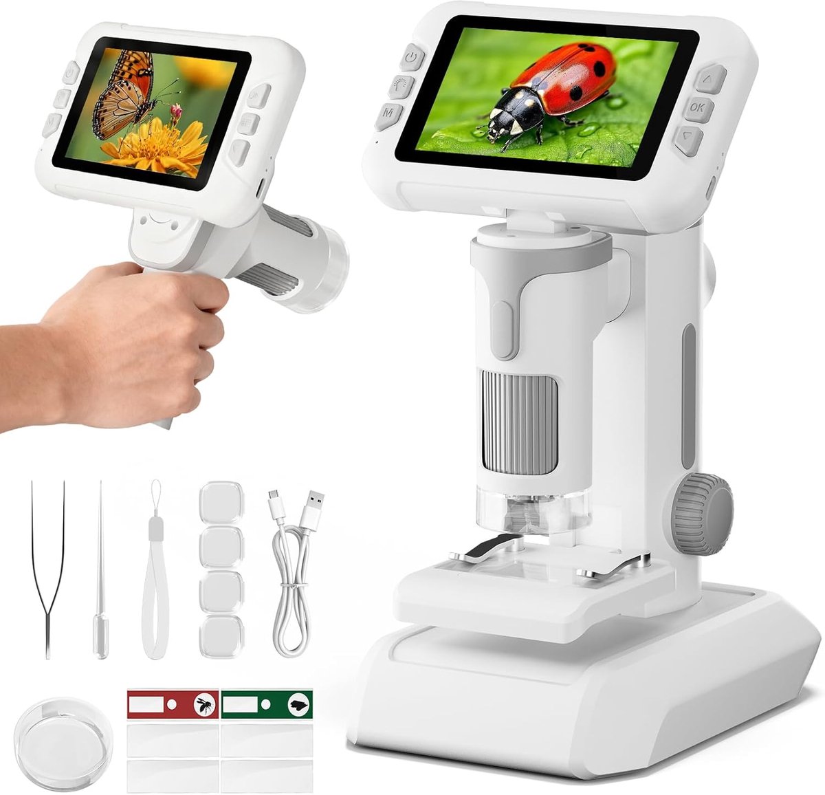 1600x microscoop voor kinderen, 4K 4,0 inch IPS-scherm, kindermicroscoop met foto- en video-opname, wetenschappelijke experimentenset voor jongens en meisjes, 3-14 jaar, grijs
