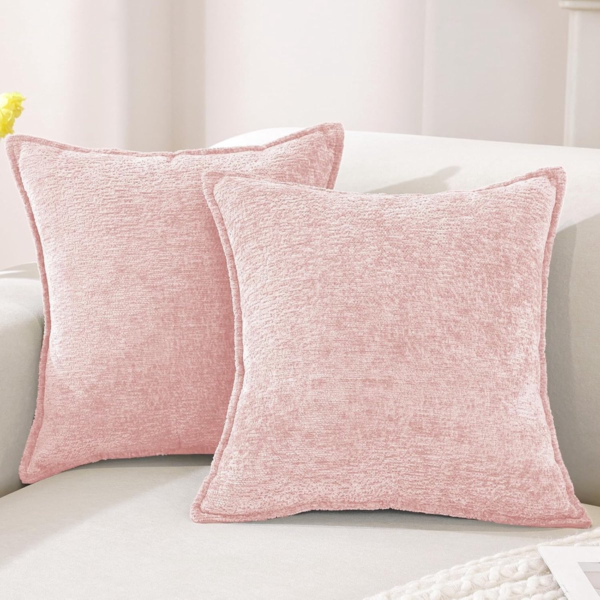 Chenille Kussenhoezen 45x45 2er Set, Zachte Decoratieve Kussenhoes, Moderne Kussensloop Met Onzichtbare Rits, Duurzaam Kussenslopen Voor Woonkamer,Bank,Slaapkamer, Poederroze