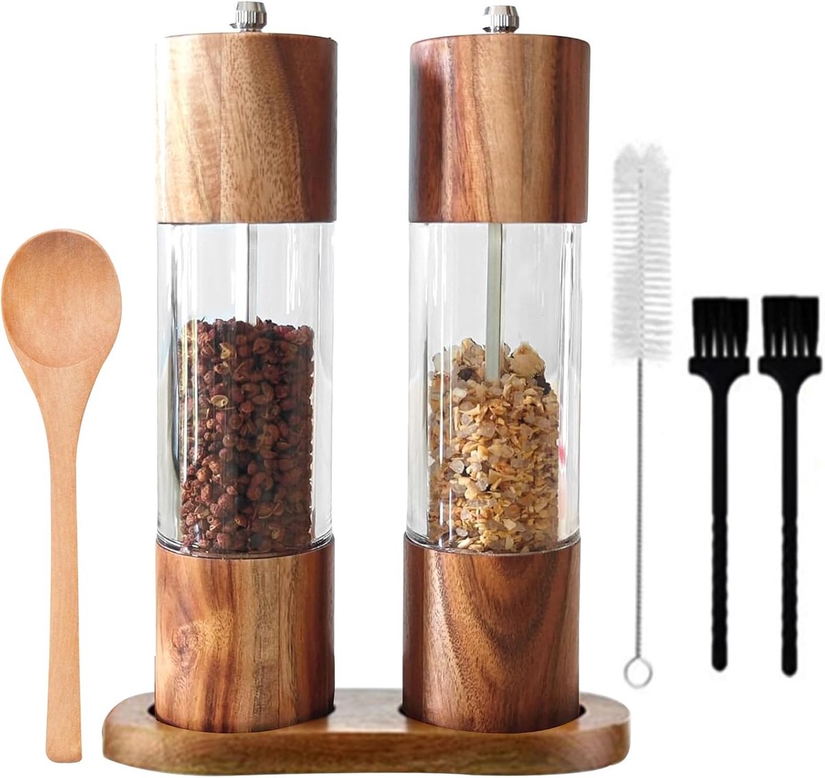 2 stuks houten zout- en pepermolen, verstelbare keramische kern kruidenmolen, transparante acryl venster peperkorrels shakers, handmatige navulbare venkelzaadmolen set met houten lade, 3