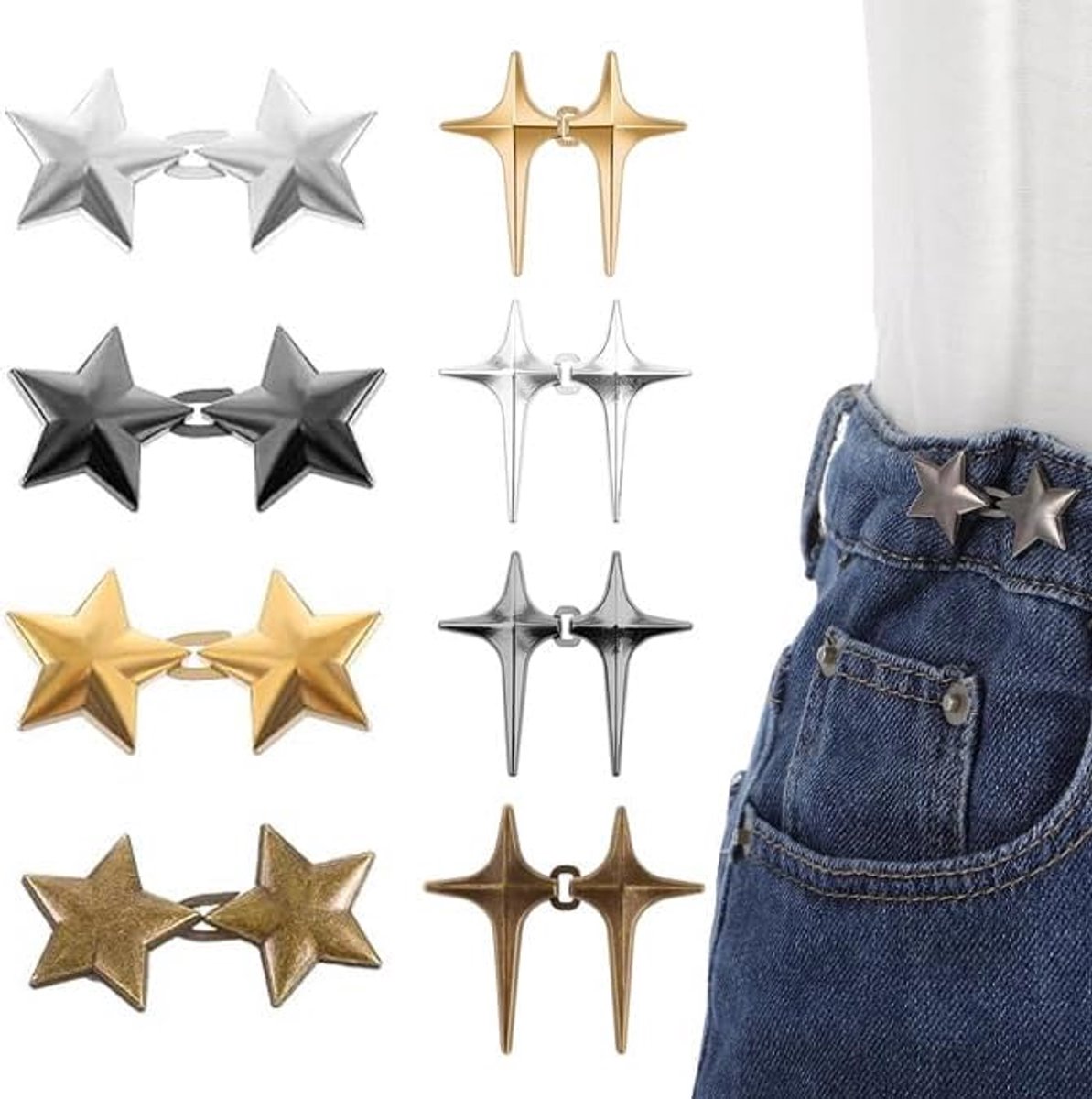 8 paar broekspanners van metaal, verstelbare jeansknopen, afneembare ster voor het vasttrekken van jeans, knopen, naaivrije broeken voor jeans, broeken, rokken, mouwen