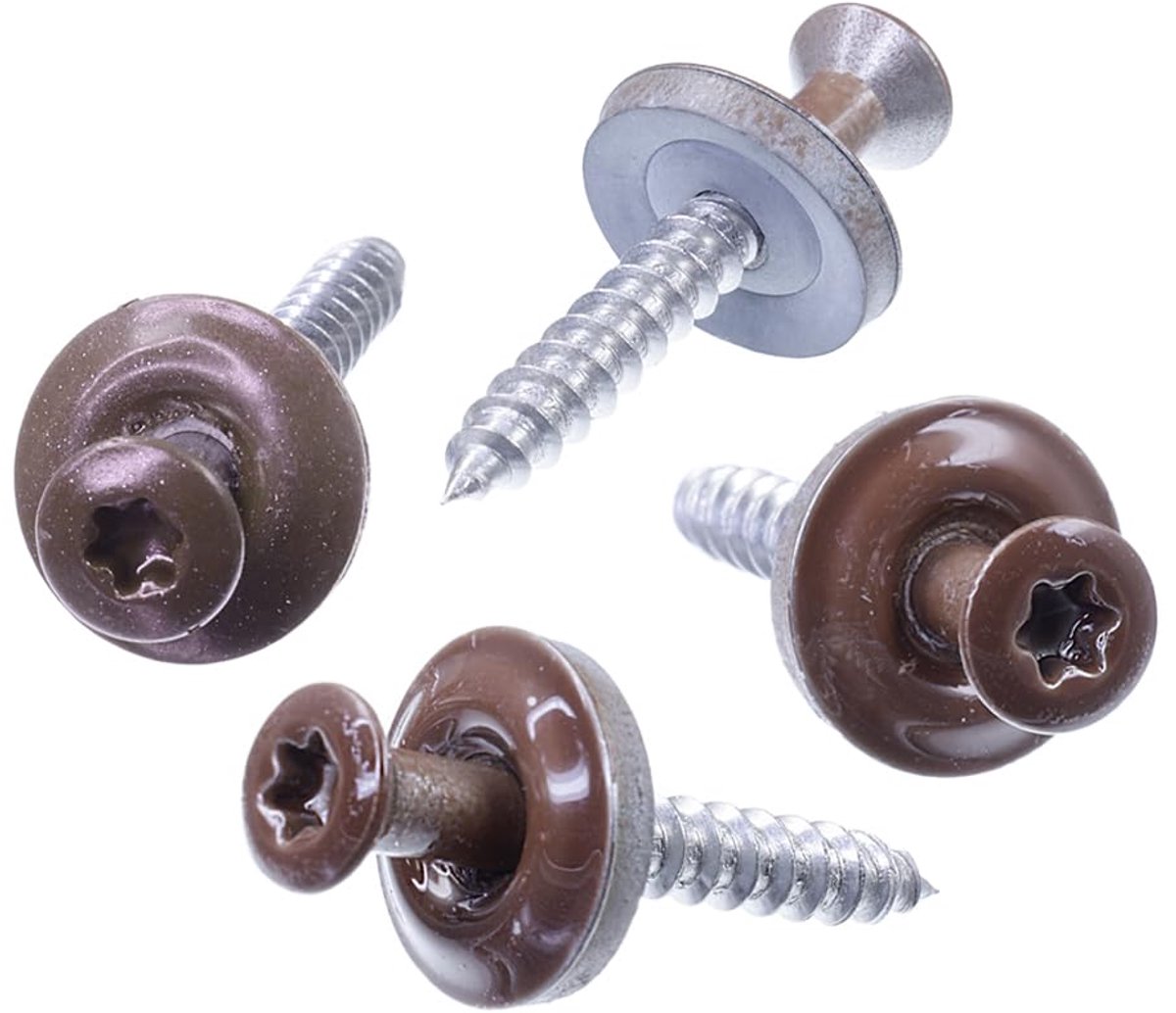 100 stuks spenglerschroeven 4,5 x 45 mm RAL 8011 notenbruin roestvrij staal A2, EPDM afdichtring 15 mm TX / binnenzeskant rond