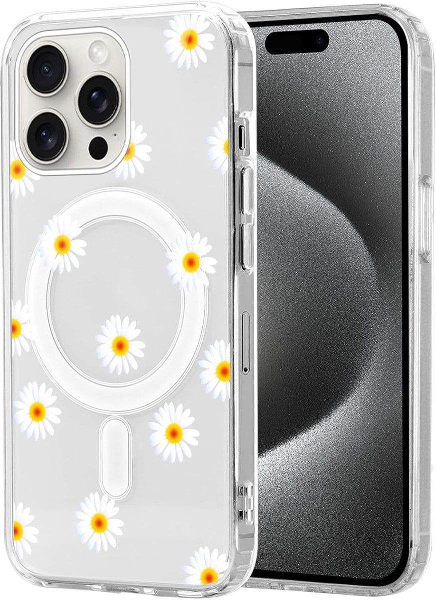 Magnetische beschermhoes, compatibel met Magsafe voor iPhone 16 Pro Max 6,9 inch (17,7 cm), esthetische bloemen, tekeningen, motieven, ultradun, transparant, PC, schokbestendig, voor dames