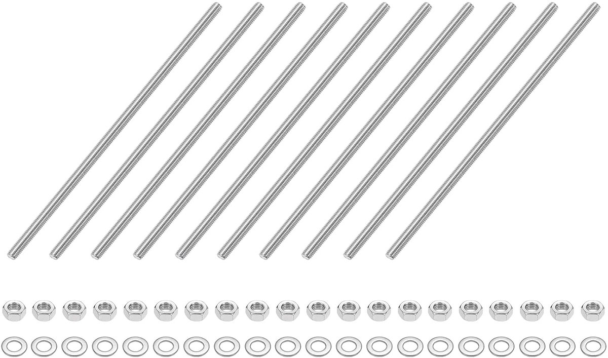 10 stuks draadstangen M3 x 170 mm, roestvrijstalen stokschroeven, schroefdraadpennen met 20 stuks zeskantmoeren en 20 stuks sluitringen, volledige schroefdraadstang voor meubels, machines