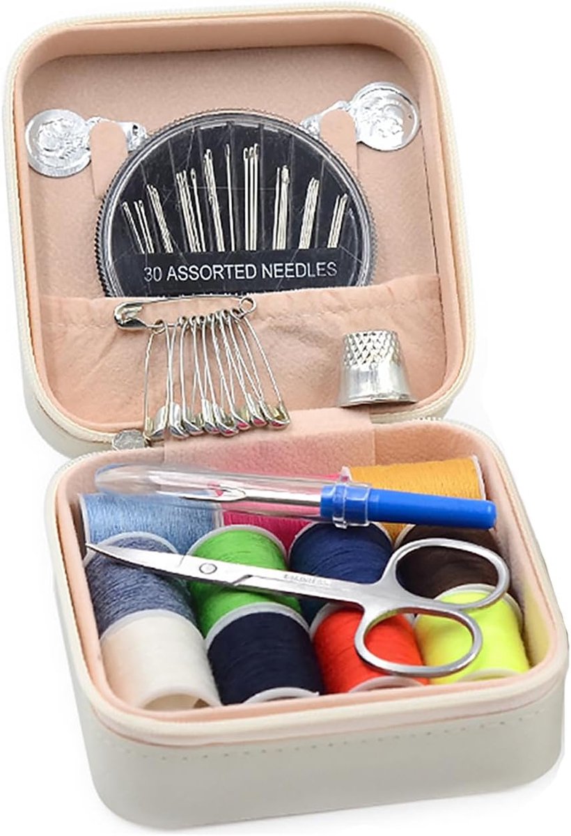Reisnaaiset voor volwassenen, beginners, draagbare mini-naaiset, lederen doos met vingerhoedjes, naald en draad, basic hand home starter naaibenodigdheden accessoires voor noodherstel, wit
