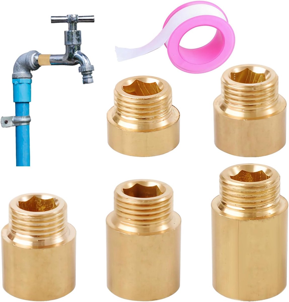5 stuks kraanverlenging 1/2 verlenging voor waterkraan verlenging schroefdraadverlenging messing kraan verlenging voor drinkwater verwarming