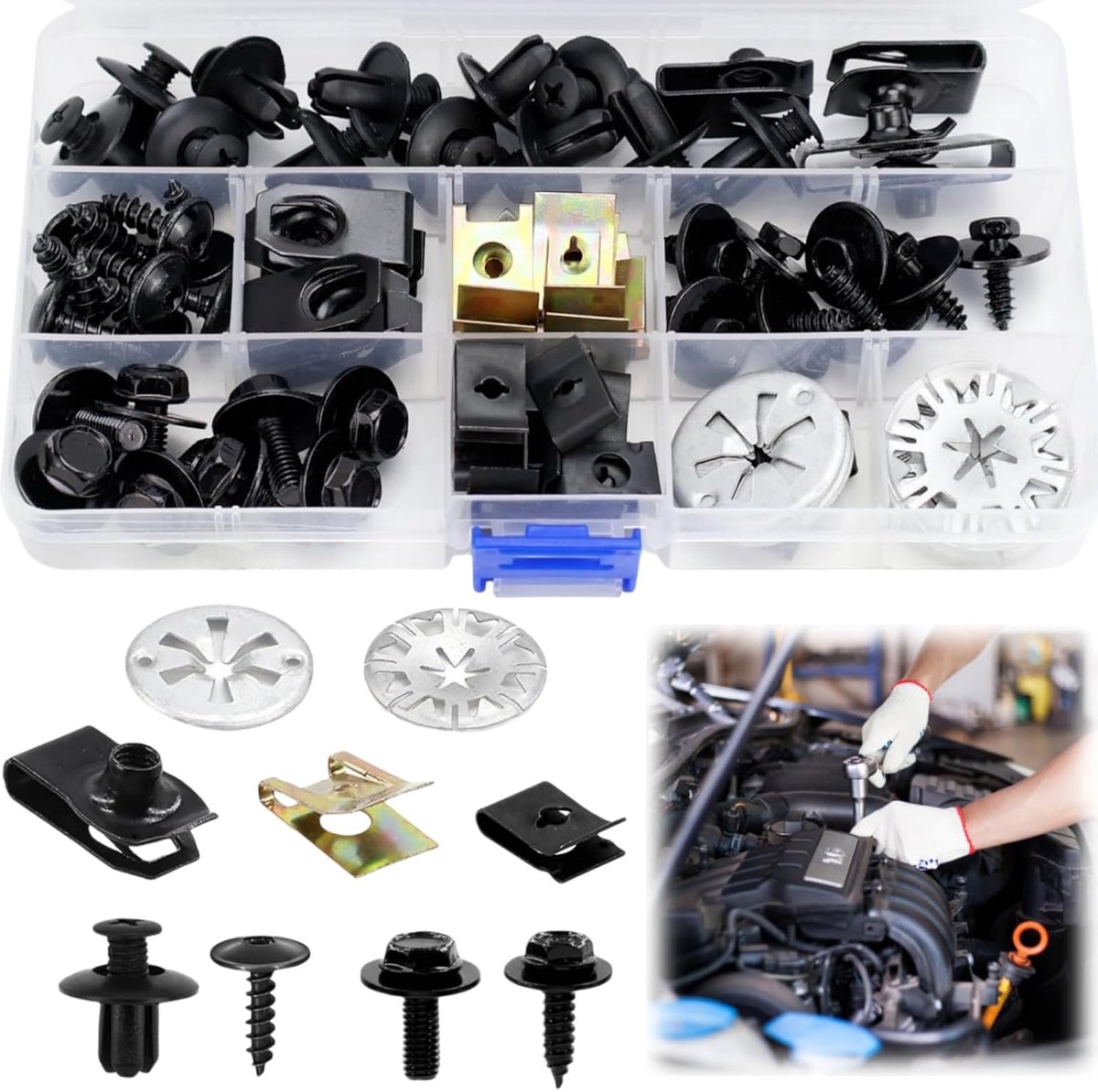 80 Stuks Schroefmoer clip kit, U-type bevestigingsclips met klemschijven, Carrosserieschroeven en U-clips, Moer-clip kit voor het bevestigen en repareren van auto-onderdelen
