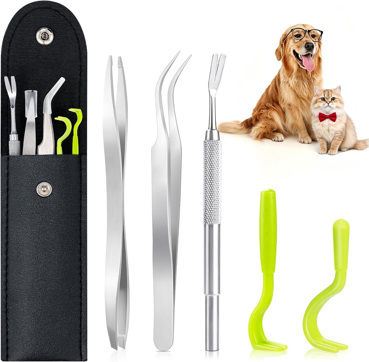 5 x tekentang, roestvrij staal, voor honden, katten, tekenverwijderaar, set voor mensen, honden, katten