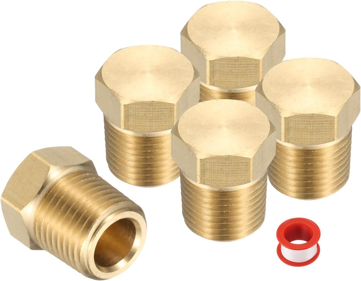 5 stuks messing zeskoppige stekker-compressiekapafsluitventieldop, 1/8" NPT zeskantige schroefdraad buisschroefverbinding flare-dop, buiseinde voor airconditioning, water, goud