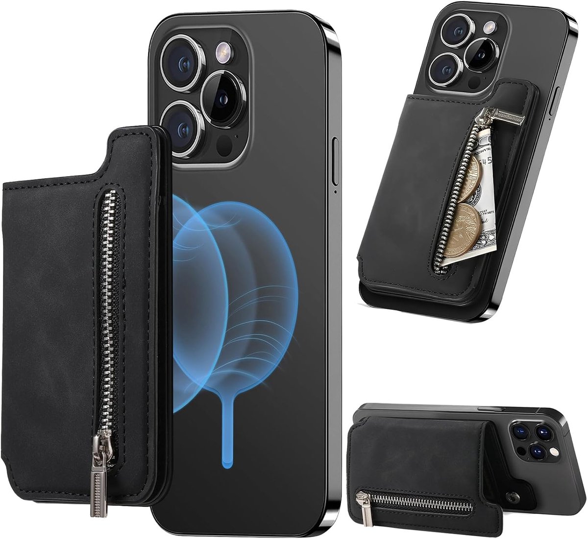 portemonnee met rits voor iPhone 17 16 15 Serie Zwart | premium PU lederen kaarthouder met RFID-blokkering en verstelbare standaard, Anti drop kaartsleuf voor iPhone 14 13 12 Serie