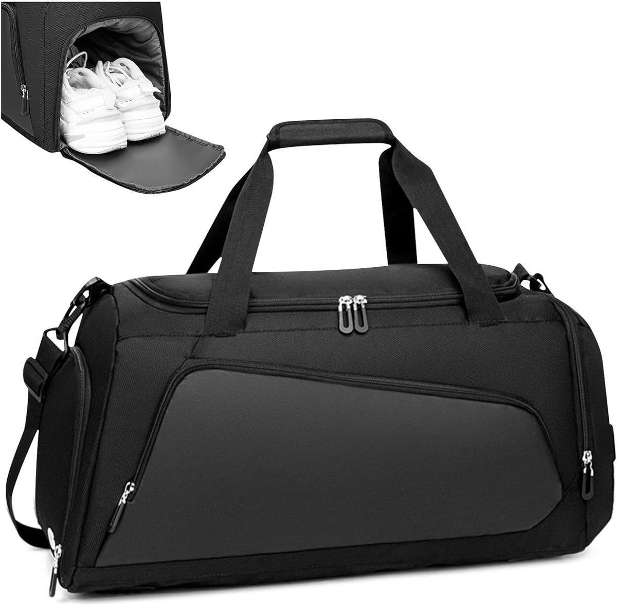 sporttas plunjezak met natte zakken en schoenenvak, opvouwbare overnachting weekendtassen voor dames en heren, duurzame sport holdall tassen voor sport en reizen (zwart, 40L)