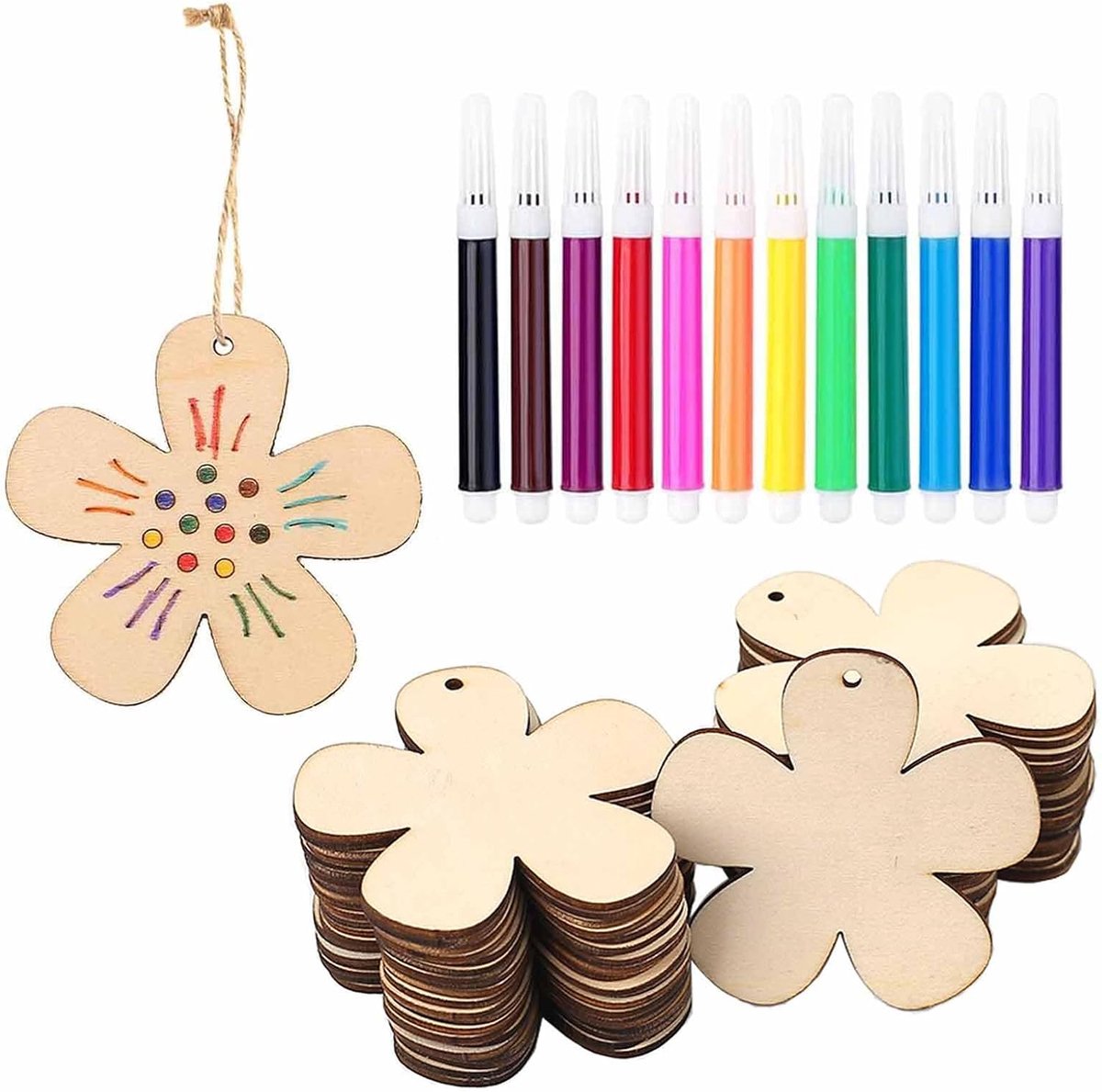 Houten bloemen om te beschilderen, met aquarelstift, lentedecoratie, hanger, bloemen, houten hanger, lentehanger van hout, om op te hangen, raamdecoratie, naturel (bloemen))