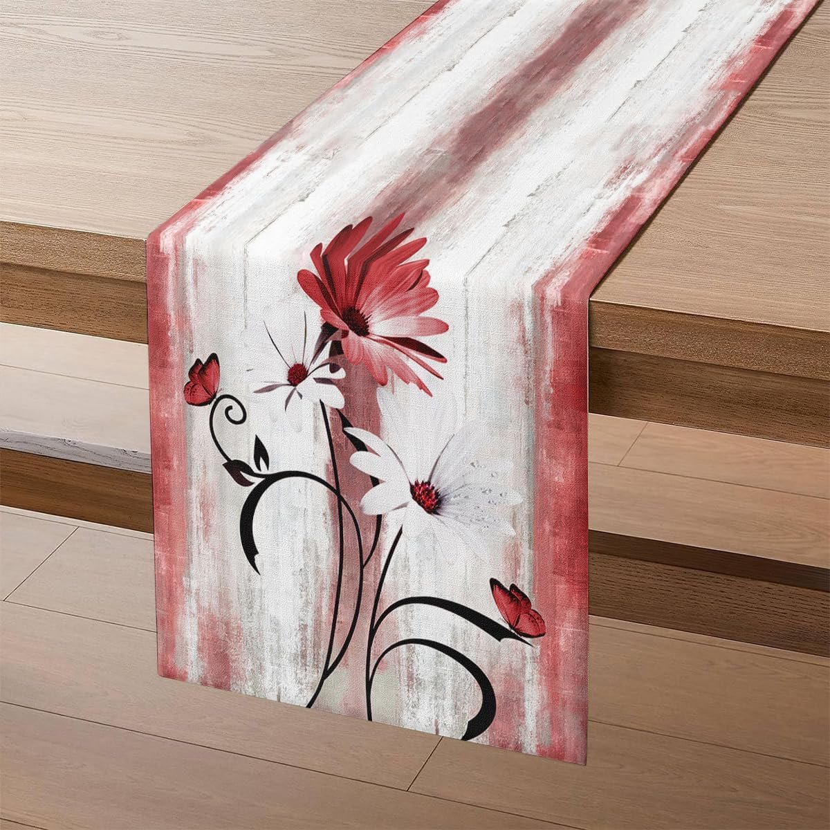Tafelloper Lente, roze bloemen, tafeldecoratie 40 x 1840 cm, moderne tafelband, witte madeliefjes, zwarte bladeren, vlinder, tafeldecoratie voor eetkamer, bruiloft, binnen, vakantie, feestdecoratie