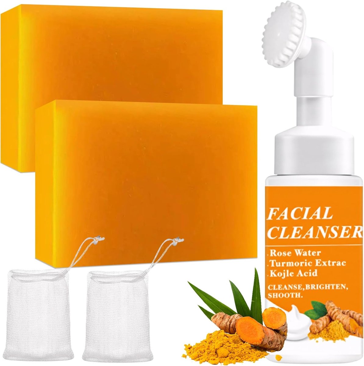2 stuks Kojizuur Zeep + Kurkuma Kojizuur Gezichtsreiniging, Verwijdert donkere vlekken, Kurkuma Zeep met Collageen, Vitamine C, Kojic Zuur Zeep voor Gezicht Lichaam, Verhelderend & Vochtinbrengend