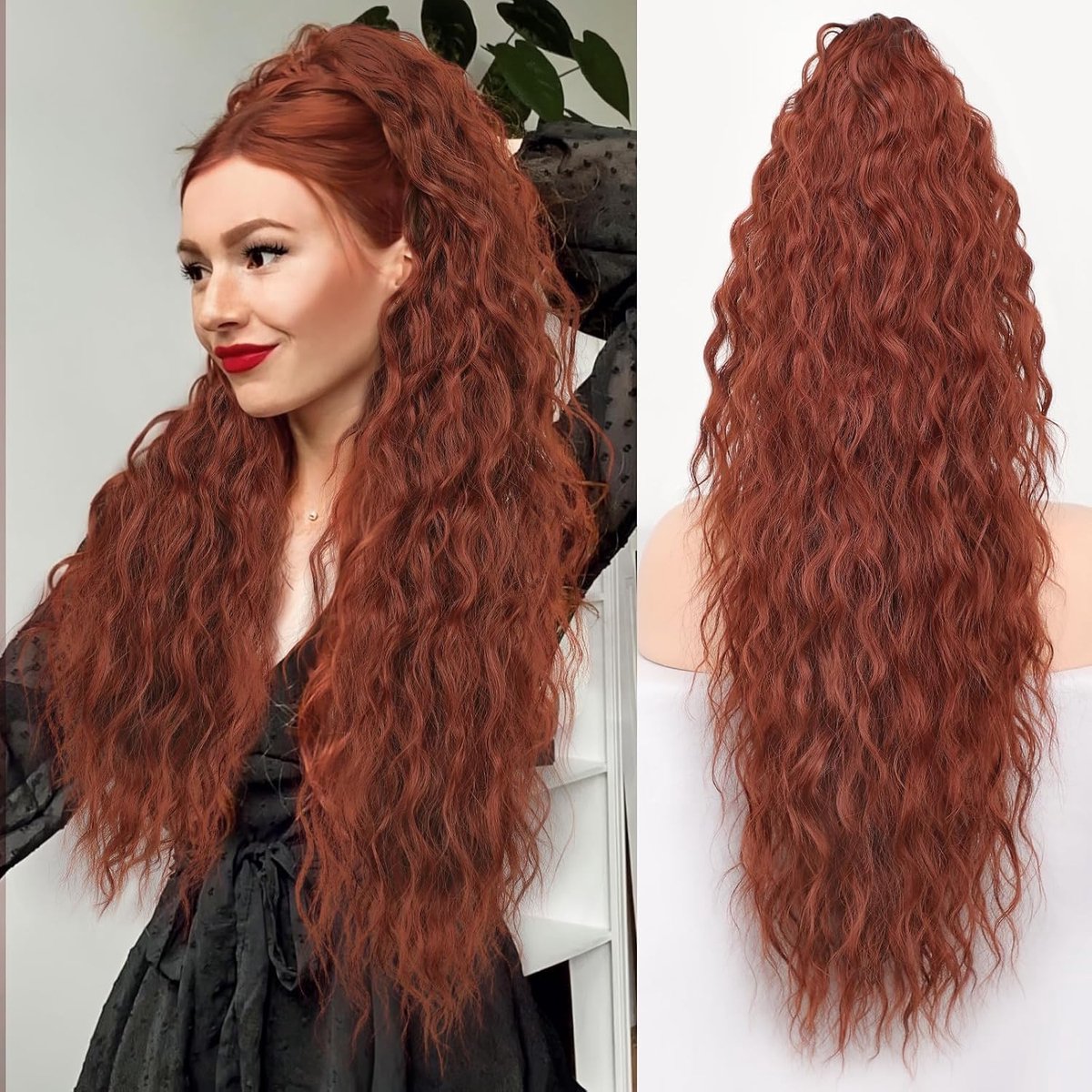 klemclip, 76 cm, krullende pony, staart, clip-in haarverlengingen voor vrouwen, pluizig, synthetisch haarstukje voor dagelijks gebruik (Ginger Copper Red)