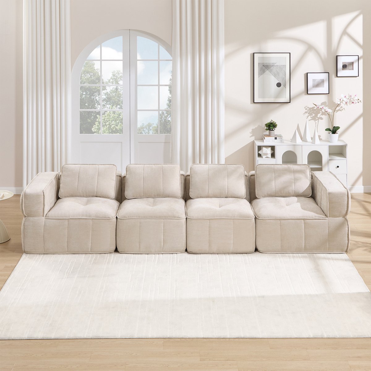 Pugsdrly Extra grote 4-zits Cloud-bank zonder frame, modulair, 32D-schuim met hoge dichtheid, huidvriendelijke, zachte stof, antislip, voor de woonkamer, geen montage nodig, beige.