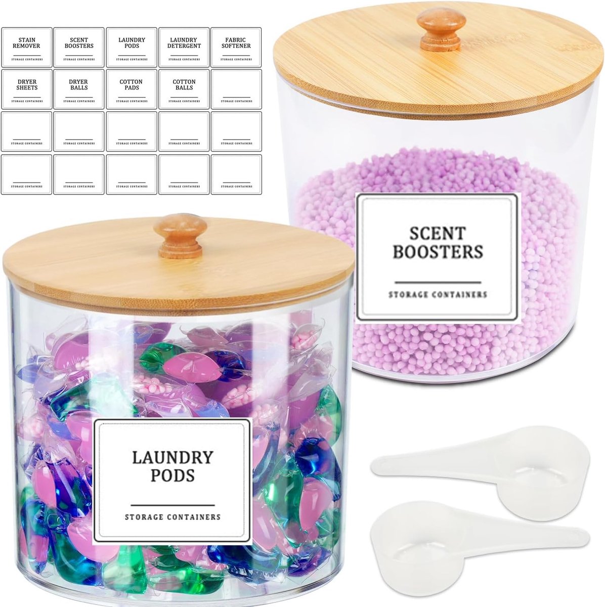2 stuks wasmiddel-pod-opslag met etiketten en lepels, 2400 ml en 2100 ml waspoeder, opbergbox voor wasmiddel-pods, badbommen, wasparfum, waspoeder, drogerbladen