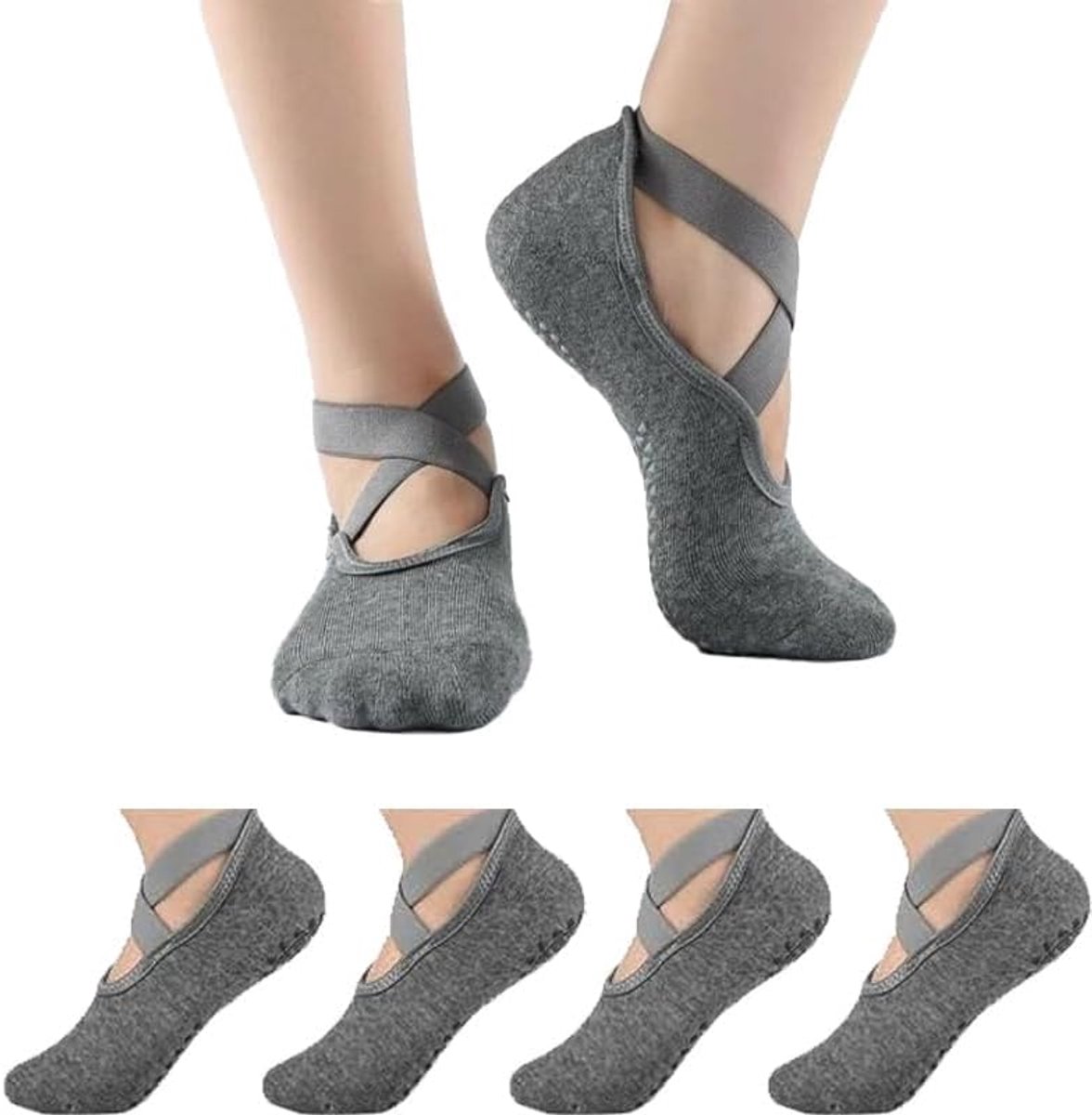Sokken, antislip, 2 paar, yoga, pilatessokken, antislipsokken met kruisbanddesign, ademend en elastisch, voor gymnastiek, ballet, fitness, trampoline en hert, grijs, 38