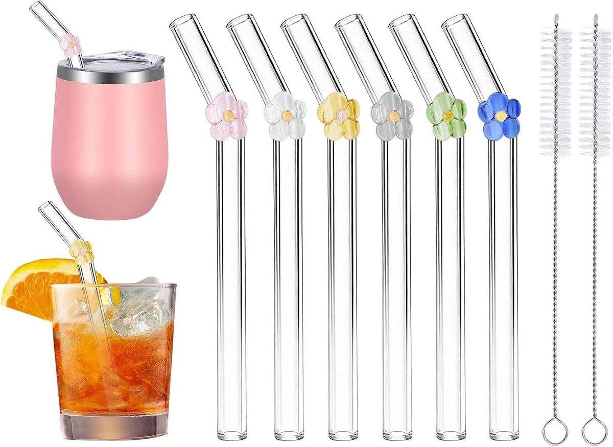 6 stuks herbruikbare gebogen korte glazen rietjes met 2 reinigingsborstels, 15 cm x 10 mm schattige glazen rietjes breukbestendig, vaatwasserbestendig voor whisky, koffie, sap, frisdrank