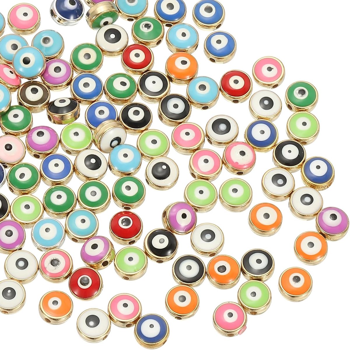 Kralen, 100 stuks platte ronde Turkse boze oog charme met gouden rand spacer kralen oogbal kraal voor armband DIY ketting oorbellen maken, mix kleur