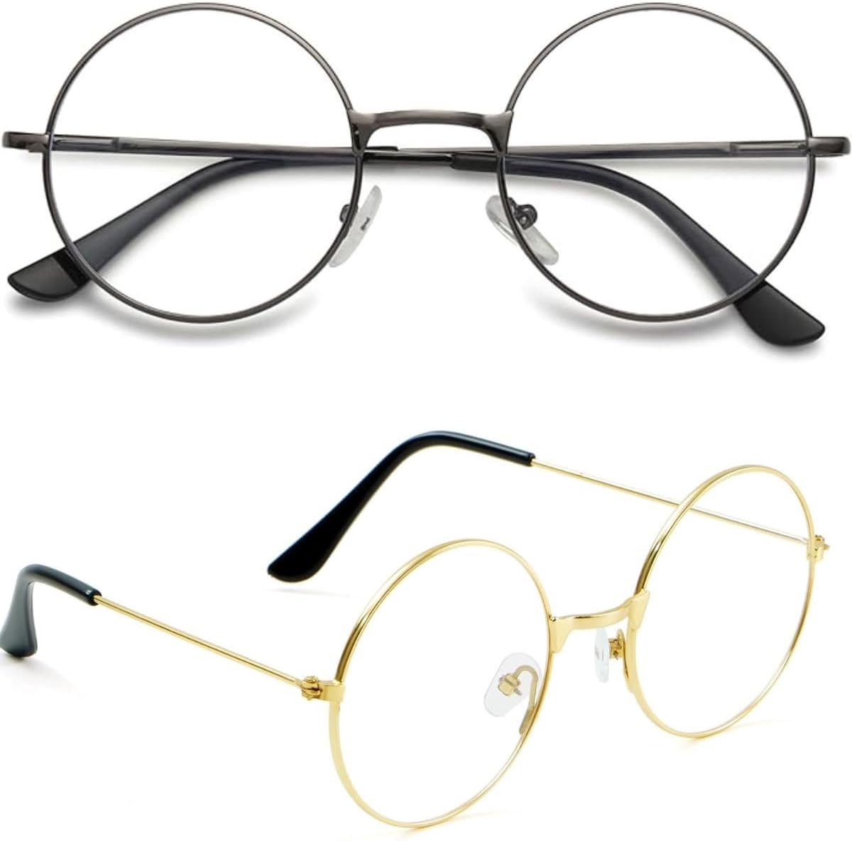 2 paar ronde bril, metalen frame, ronde bril, retro metalen frame, metalen montuur, decoratieve platte glazen bril voor mannen en vrouwen, verkleden, retro, heldere glazen, voor cosplay